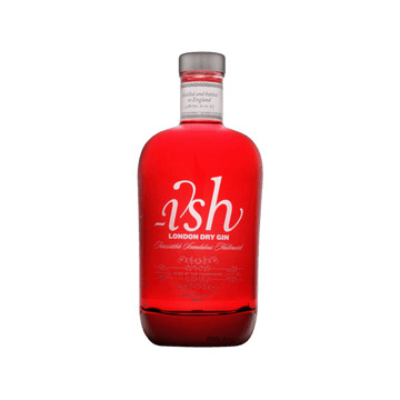 Red bottle of Ish London Dry Gin with silver cap and white text on label