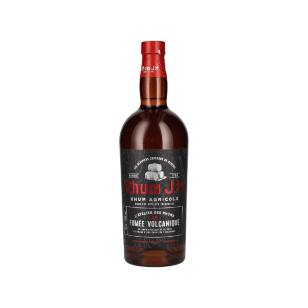 Rhum J.M Agricole Fumée Volcanique dark glass bottle with black and red label on white background