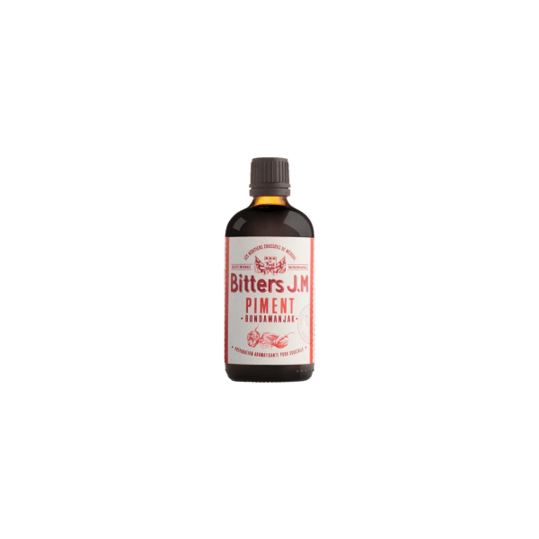 Bitters JM Piment bottle with red and white label featuring chili pepper illustration