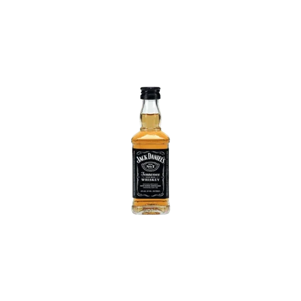 Mini bottle of Tennessee whiskey with black label on a transparent background