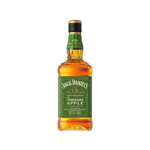 Jack Daniel's Tennessee Apple whiskey 700ml bottle with green label on a plain background