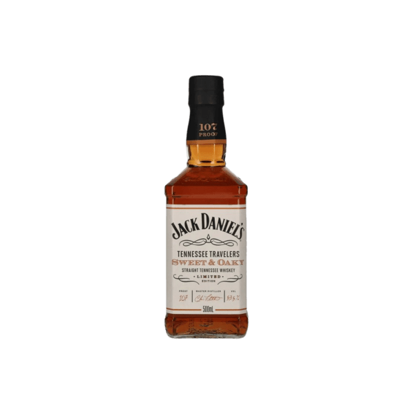 Jack Daniel's Tennessee Travelers Sweet & Oaky whiskey bottle on white background