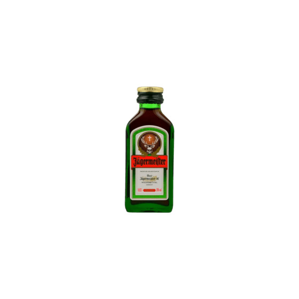 Jägermeister herbal liqueur mini bottle with green glass and signature label