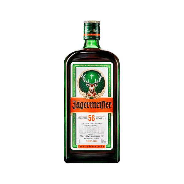 Jägermeister herbal liqueur green bottle with stag logo and orange label