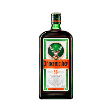 Jägermeister herbal liqueur green bottle with stag logo and orange label