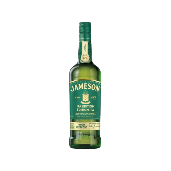 Jameson IPA Edition Irish whiskey green glass bottle on plain background