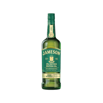 Jameson IPA Edition Irish whiskey green glass bottle on plain background