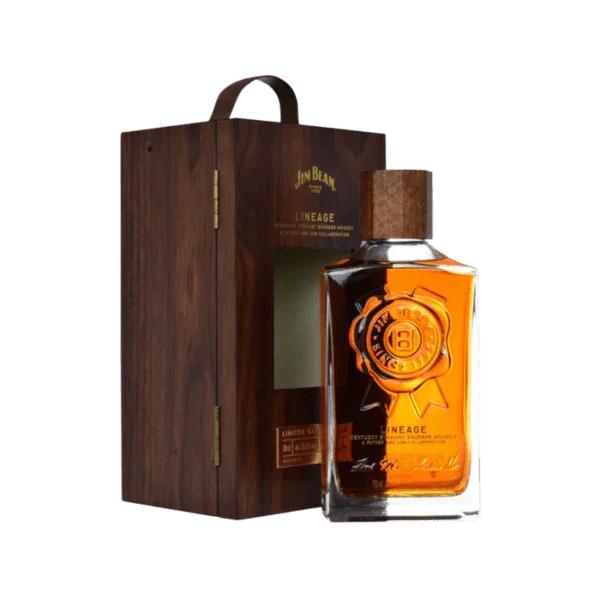 Premium whiskey bottle with wooden gift box, gold seal and cork cap, exclusive spirits