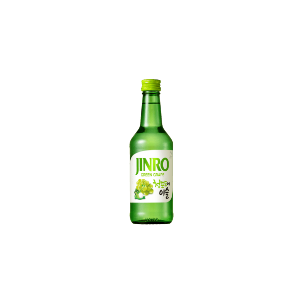 Jinro Green Grape flavored soju in a green glass bottle with white and green label
