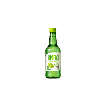 Jinro Green Grape flavored soju in a green glass bottle with white and green label
