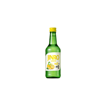 Jinro Lemon soju bottle with yellow label and cap on white background