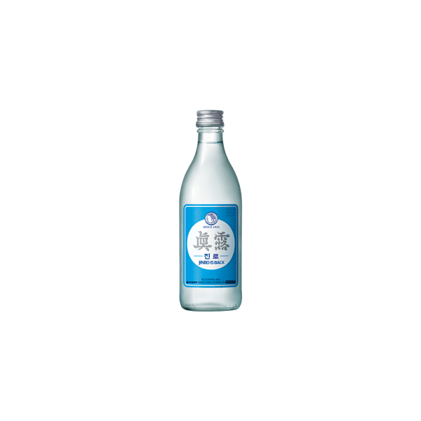 Clear glass bottle of Jinro Soju with blue label and silver cap on white background
