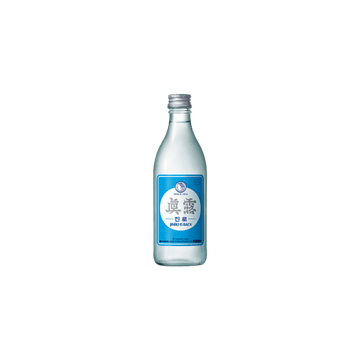 Clear glass bottle of Jinro Soju with blue label and silver cap on white background