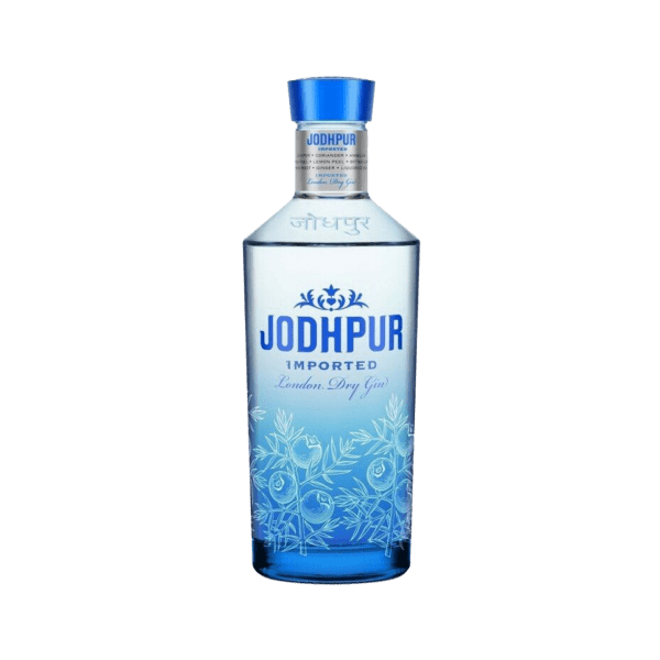 Jodhpur Imported London Dry Gin bottle with elegant blue floral design on glass
