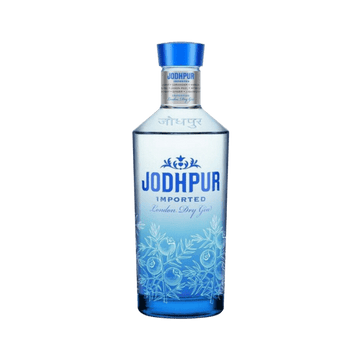 Jodhpur Imported London Dry Gin bottle with elegant blue floral design on glass