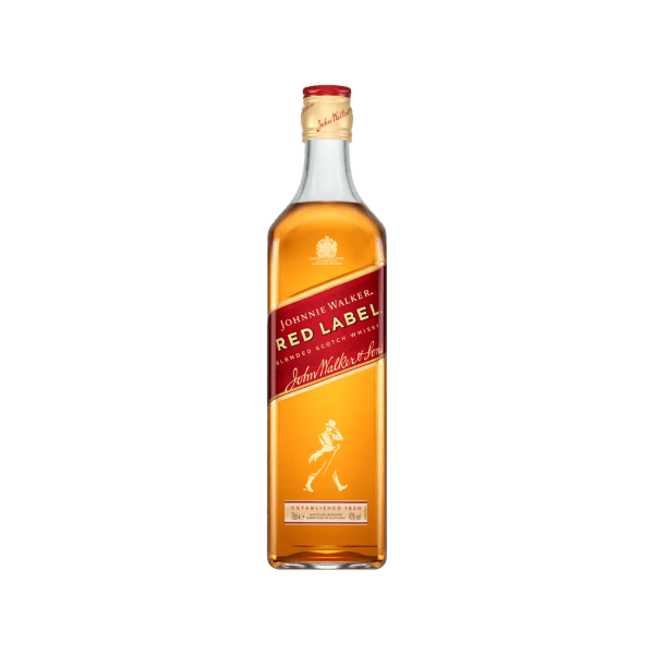 Johnnie Walker Red Label blended Scotch whisky bottle with red label on a transparent background