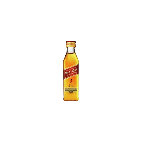 Mini bottle of Red Label whisky on plain green background