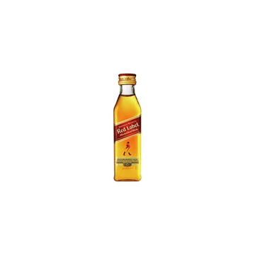Mini bottle of Red Label whisky on plain green background