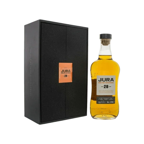 Jura 28 year old single malt whisky bottle with luxury black gift box