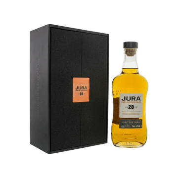 Jura 28 year old single malt whisky bottle with luxury black gift box