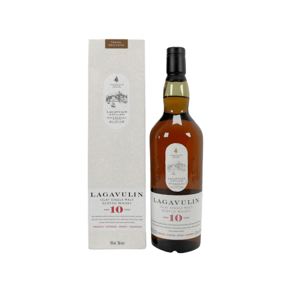 Lagavulin 10 Year Old Islay single malt Scotch whisky bottle and box on white background