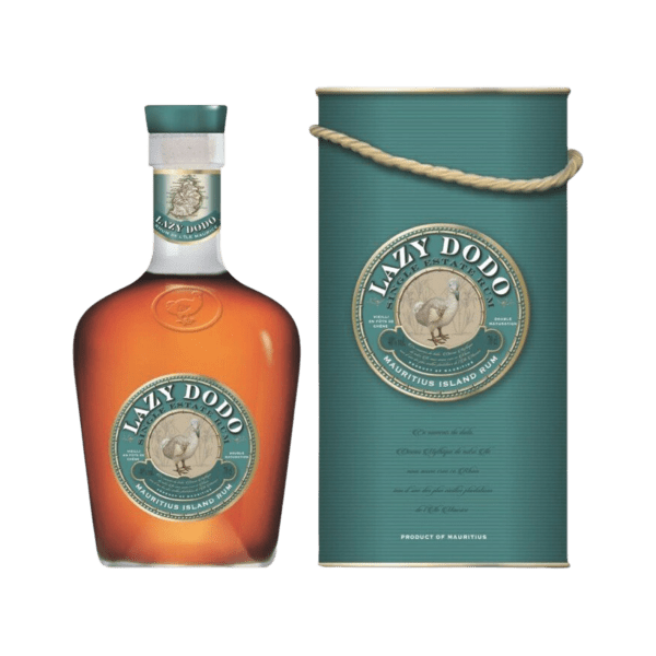 Lazy Dodo Mauritius Island rum bottle with matching gift box, teal and gold design