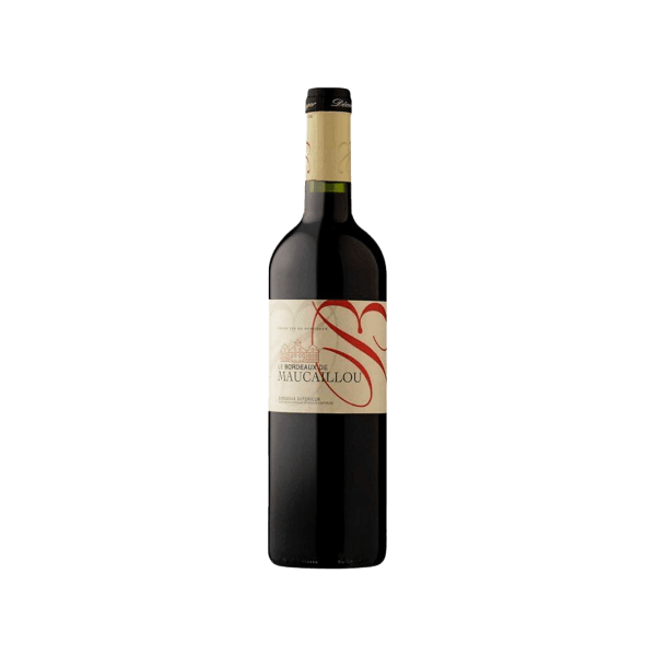 Bottle of Le Bordeaux de Maucailou red wine with beige and red label and gold foil top