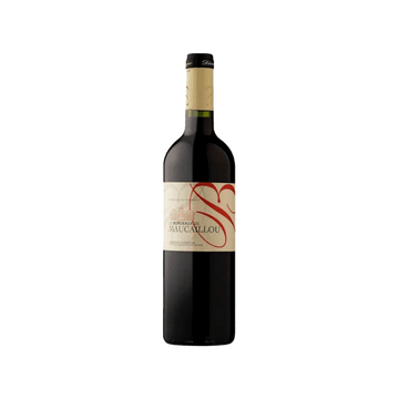 Bottle of Le Bordeaux de Maucailou red wine with beige and red label and gold foil top