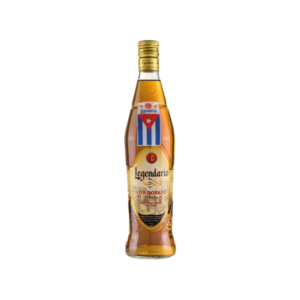 Legendario Dorado Cuban golden rum bottle with gold cap and label on white background