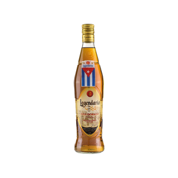 Legendario Dorado Cuban golden rum bottle with gold cap and label on white background