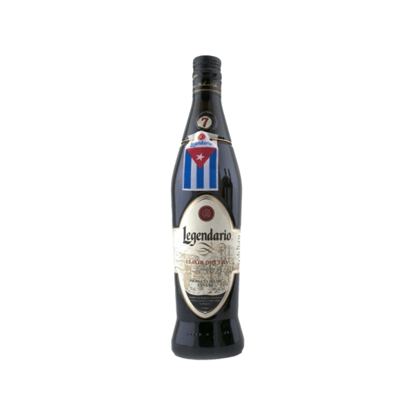 Legendario Cuban rum bottle with label and Cuban flag on green background