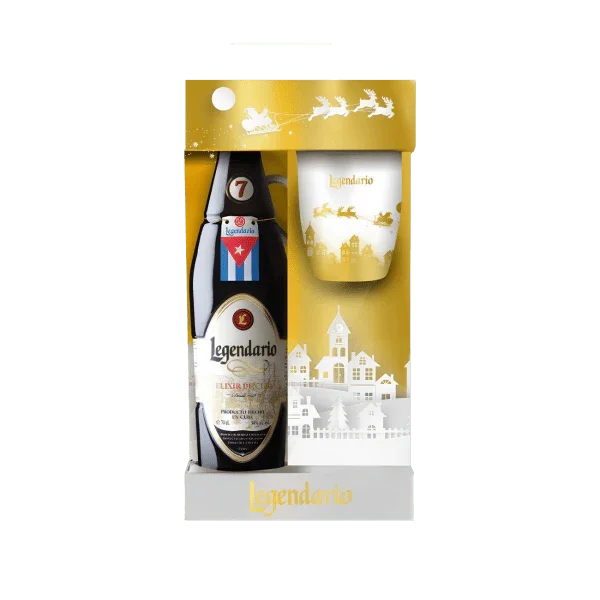 Legendario Elixir De Cuba rum gift set with bottle and branded glass in gold holiday packaging