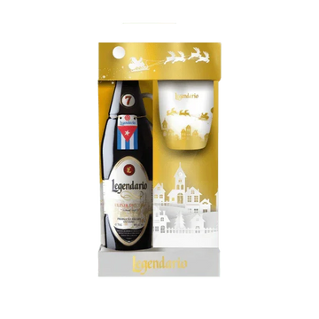 Legendario Elixir De Cuba rum gift set with bottle and branded glass in gold holiday packaging