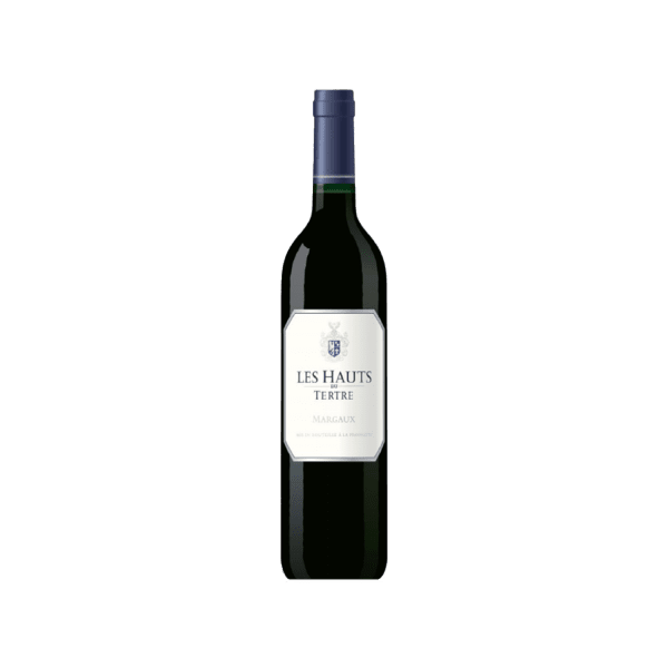 Bottle of Les Hauts de Tertre Margaux red wine with blue foil on a white background