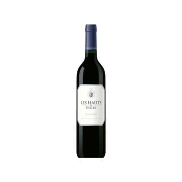 Bottle of Les Hauts de Tertre Margaux red wine with blue foil on a white background