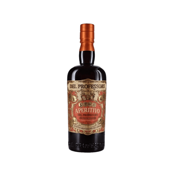 Del Professore Aperitivo bottle with ornate red and gold label, premium alcoholic drink