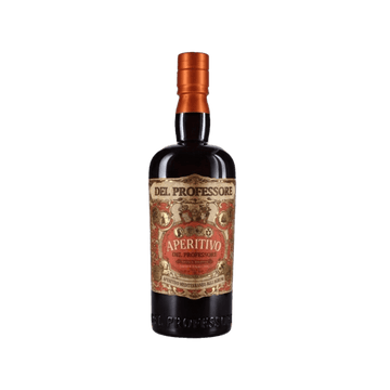 Del Professore Aperitivo bottle with ornate red and gold label, premium alcoholic drink