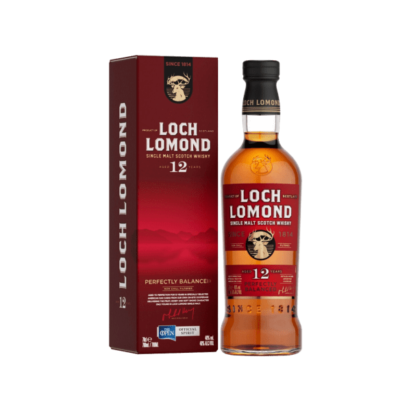 Loch Lomond 12-year-old single malt Scotch whisky bottle and red box with stag logo