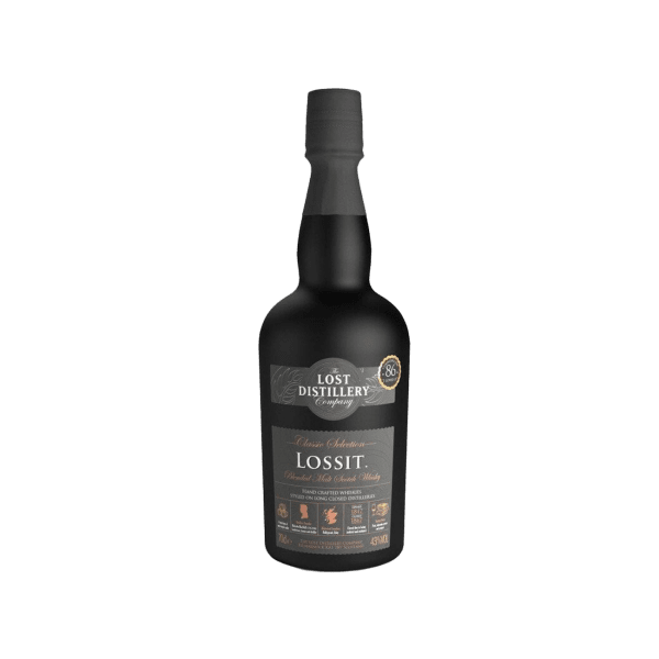 Lossit blended malt Scotch whisky bottle with black label and gold accents on white background