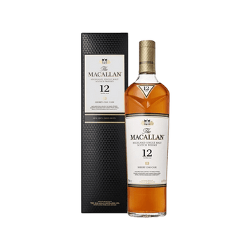 Macallan 12 Year Old Sherry Oak single malt whisky bottle with box on white background
