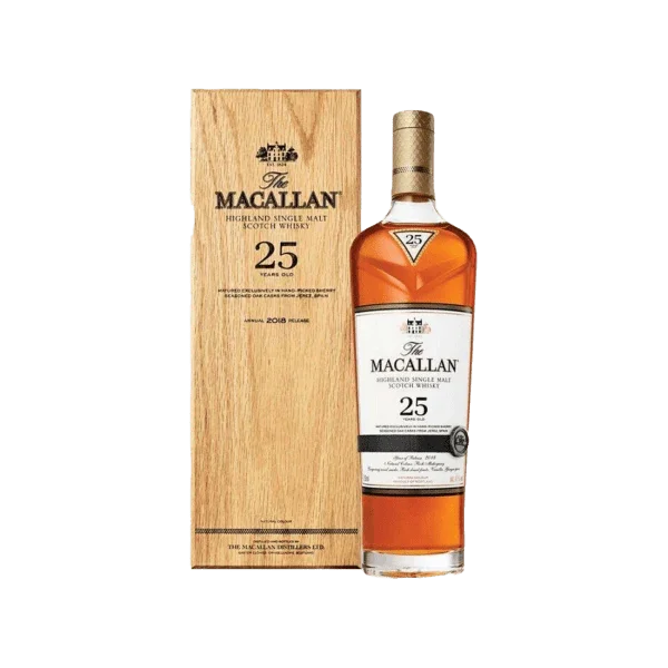 The Macallan 25 Year Old Highland single malt Scotch whisky bottle with wooden box