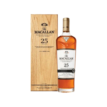 The Macallan 25 Year Old Highland single malt Scotch whisky bottle with wooden box