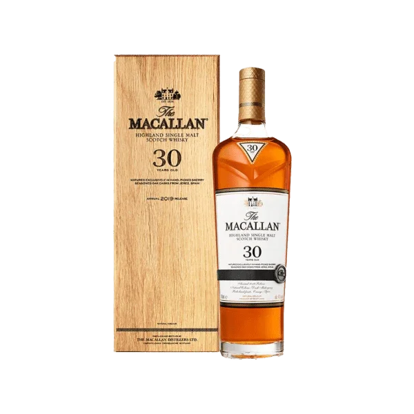 Macallan 30 year old single malt whisky bottle with wooden box