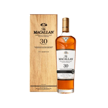 Macallan 30 year old single malt whisky bottle with wooden box