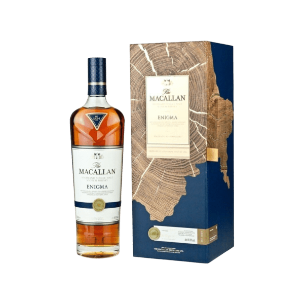 Bottle of The Macallan Enigma Highland Single Malt Scotch Whisky with wood grain designed box