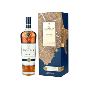 Bottle of The Macallan Enigma Highland Single Malt Scotch Whisky with wood grain designed box