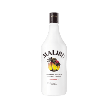 White Malibu Caribbean Rum bottle with coconut liqueur and palm tree logo