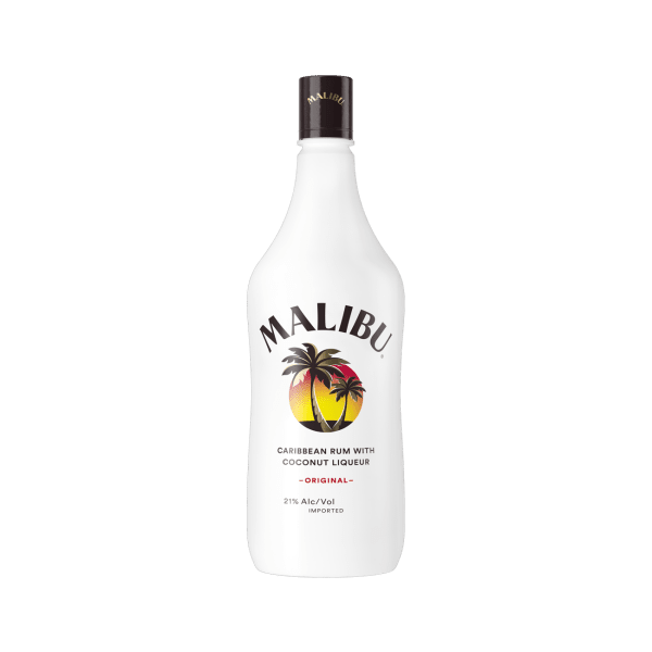 Malibu Caribbean rum with coconut liqueur bottle, white label, tropical design