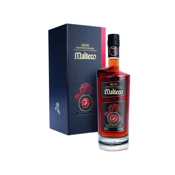 Malteco rum bottle with black gift box, premium alcoholic drink from Panama
