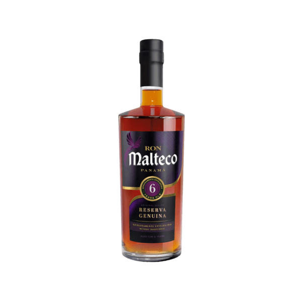 Ron Malteco Panama 6-year-old rum bottle with dark label on white background